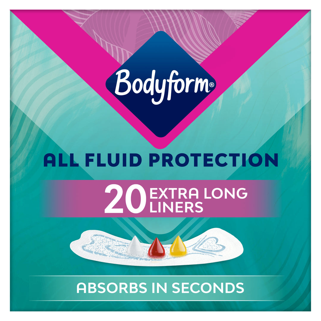 Bodyform Dailies All Fluid XL Panty Liners 20 Pack in green packaging, shown upright on a white background for daily freshness.