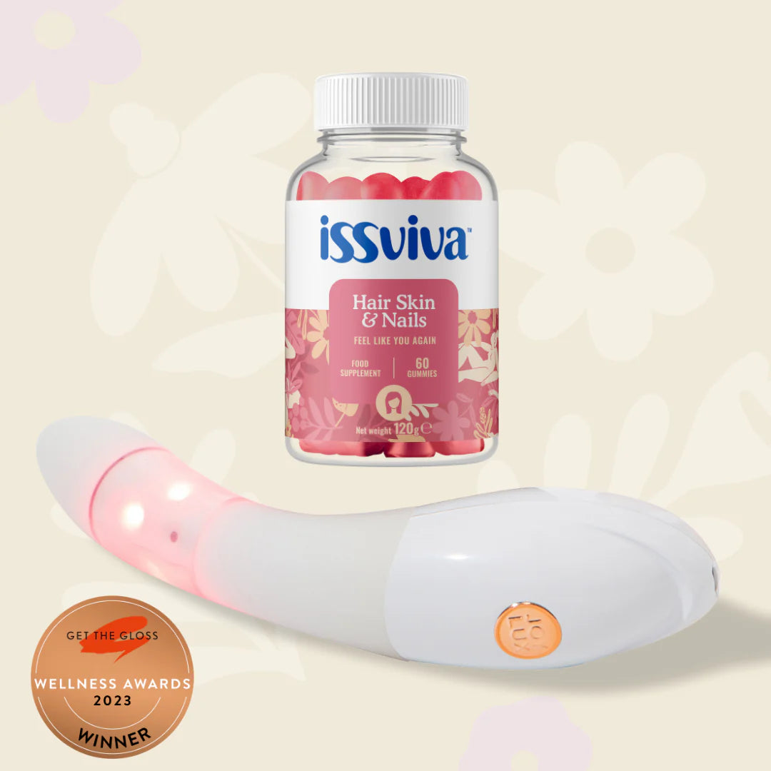 Issviva x Joylux Rejuvenation Device paired with Hair, Skin & Nails Gummies, shown on a soft yellow background for wellness support.