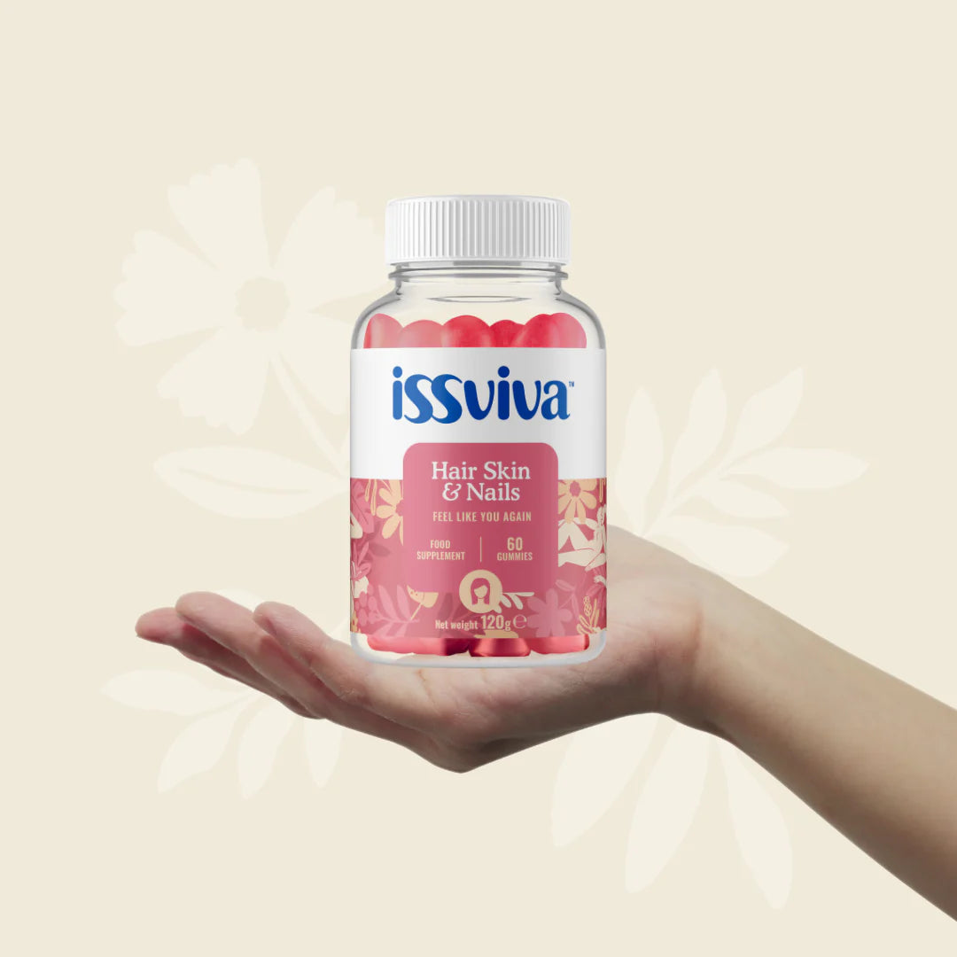 Issviva Hair, Skin & Nails Food Supplement bottle with white label and soft pink accents, placed on a clean white background.