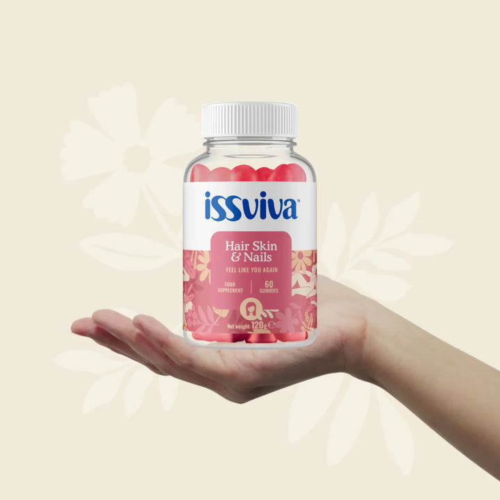 Issviva Hair, Skin & Nails Food Supplement bottle with white label and soft pink accents, placed on a clean white background.