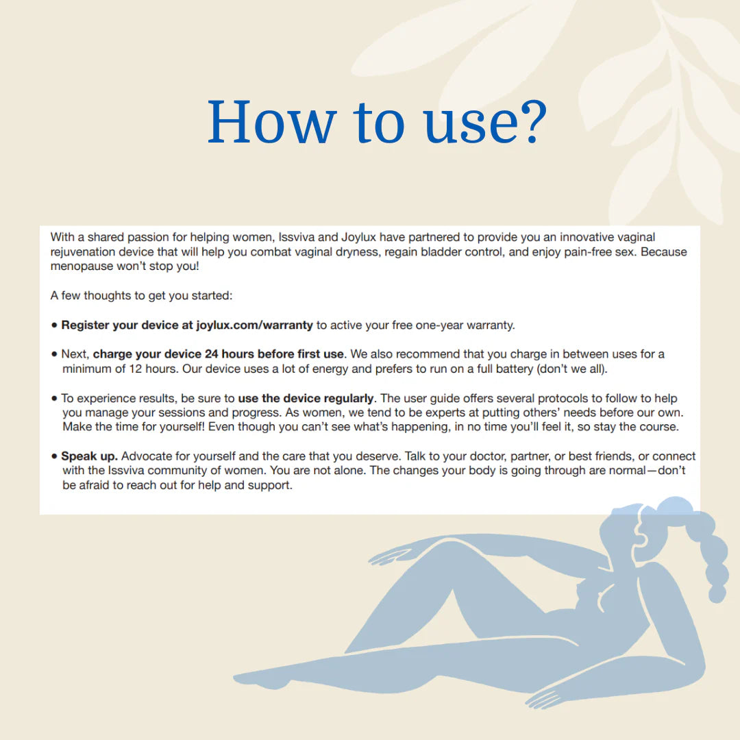 Step-by-step visual instructions for using the Issviva x Joylux Rejuvenation device on a clean, light yellow background.