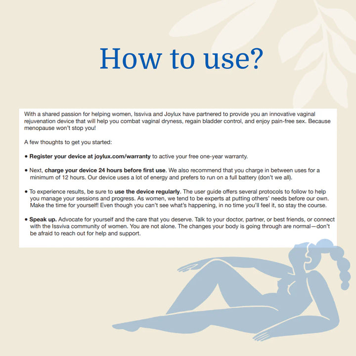 Step-by-step visual instructions for using the Issviva x Joylux Rejuvenation device on a clean, light yellow background.