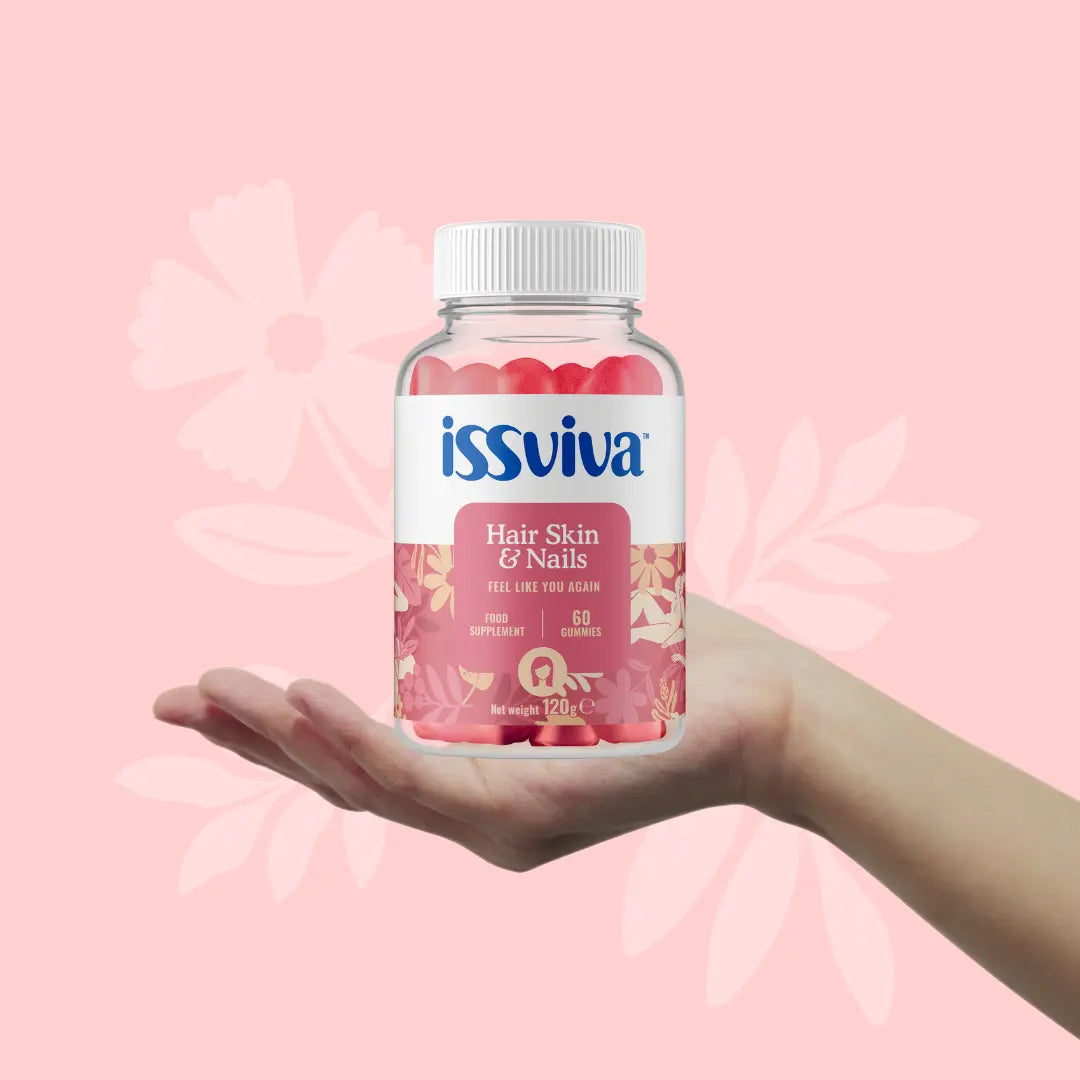 Issviva Hair Skin & Nails Food Supplement 60 Gummies bottle with pink and white label, displayed on a soft background.
