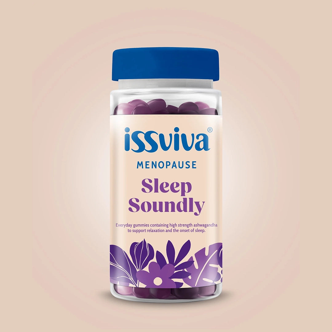 Bottle of issviva Menopause Sleep Soundly gummies on a beige background