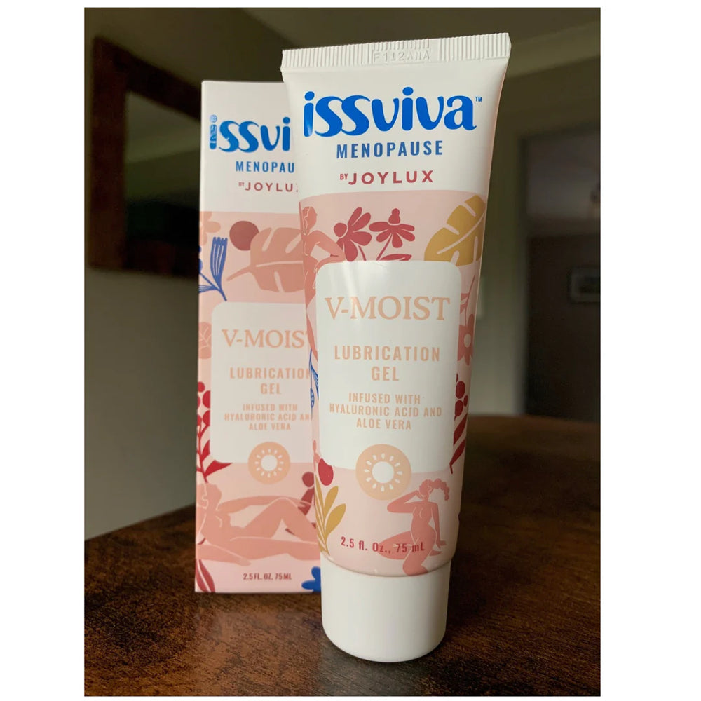 Issviva x Joylux Gel Lubricant in an elegant white tube with soft pink accents, displayed upright on a clean, smooth background for intimate care.
