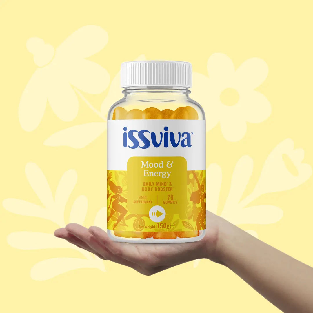 Issviva Mood & Energy Food Supplement with vibrant orange labels,  on a soft background.