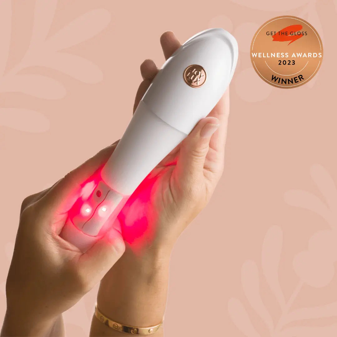 Issviva x Joylux Vaginal Rejuvenation Device with sleek white and pink design, shown on a minimal background for intimate wellness.