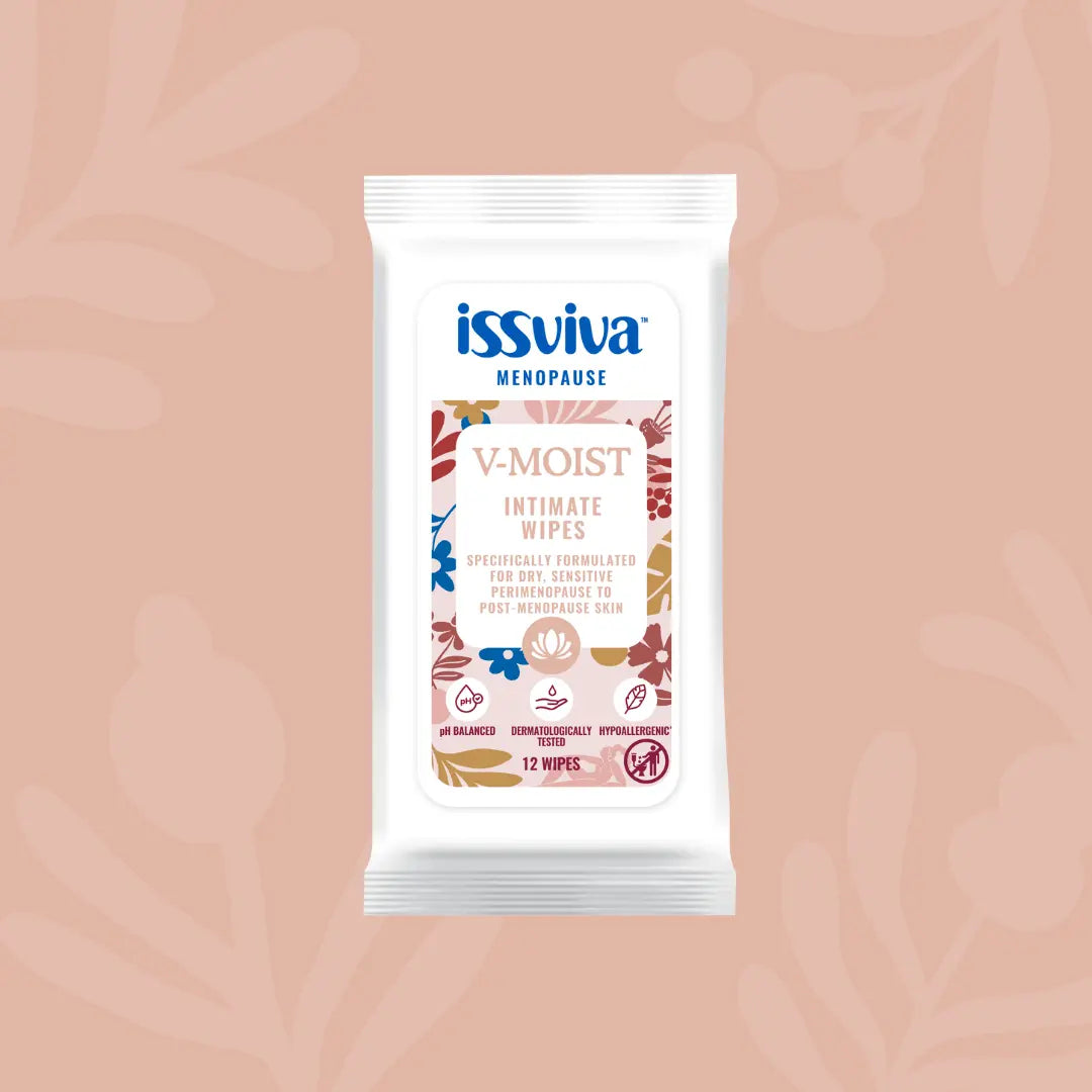 Issviva V-Moist pH-Balanced Intimate Wipes, 12 count in each pack, shown as a set of 4 packs with soft pastel packaging on white background.