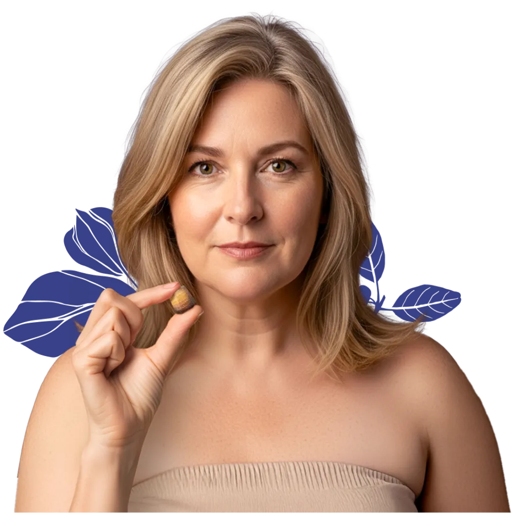 Woman holding a small object with a floral design in the background