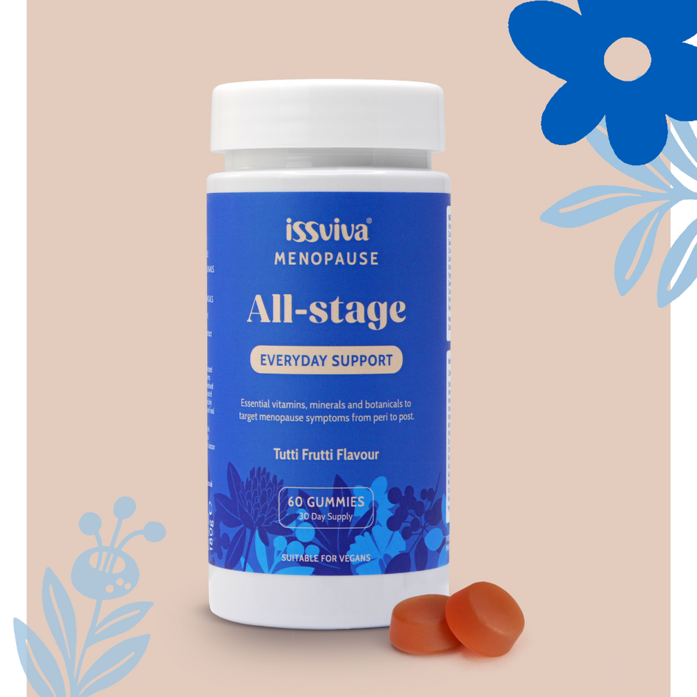 Issviva All-Stage Menopause Support Serum bottle with blue and white label, promoting hormonal balance and wellness.
