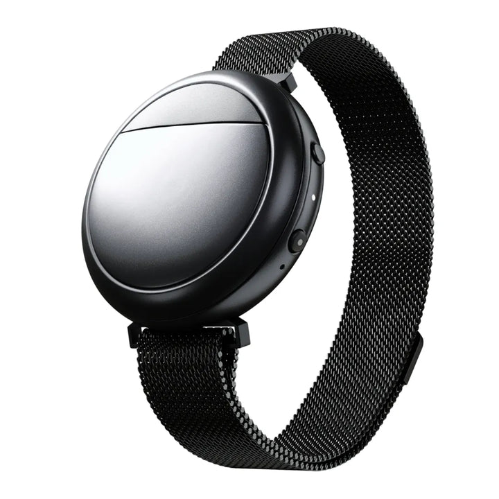 Smartwatch with a black mesh band on a white background