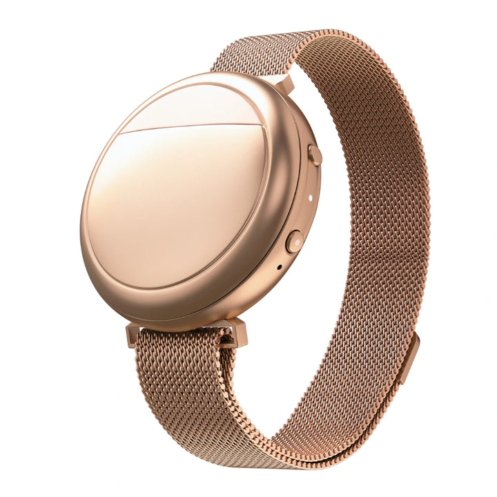 Rose gold smartwatch with mesh band on a white background