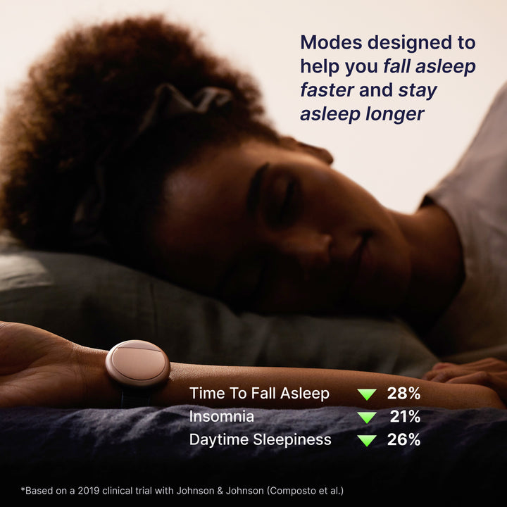 Person sleeping with a device on wrist, showing sleep improvement modes.