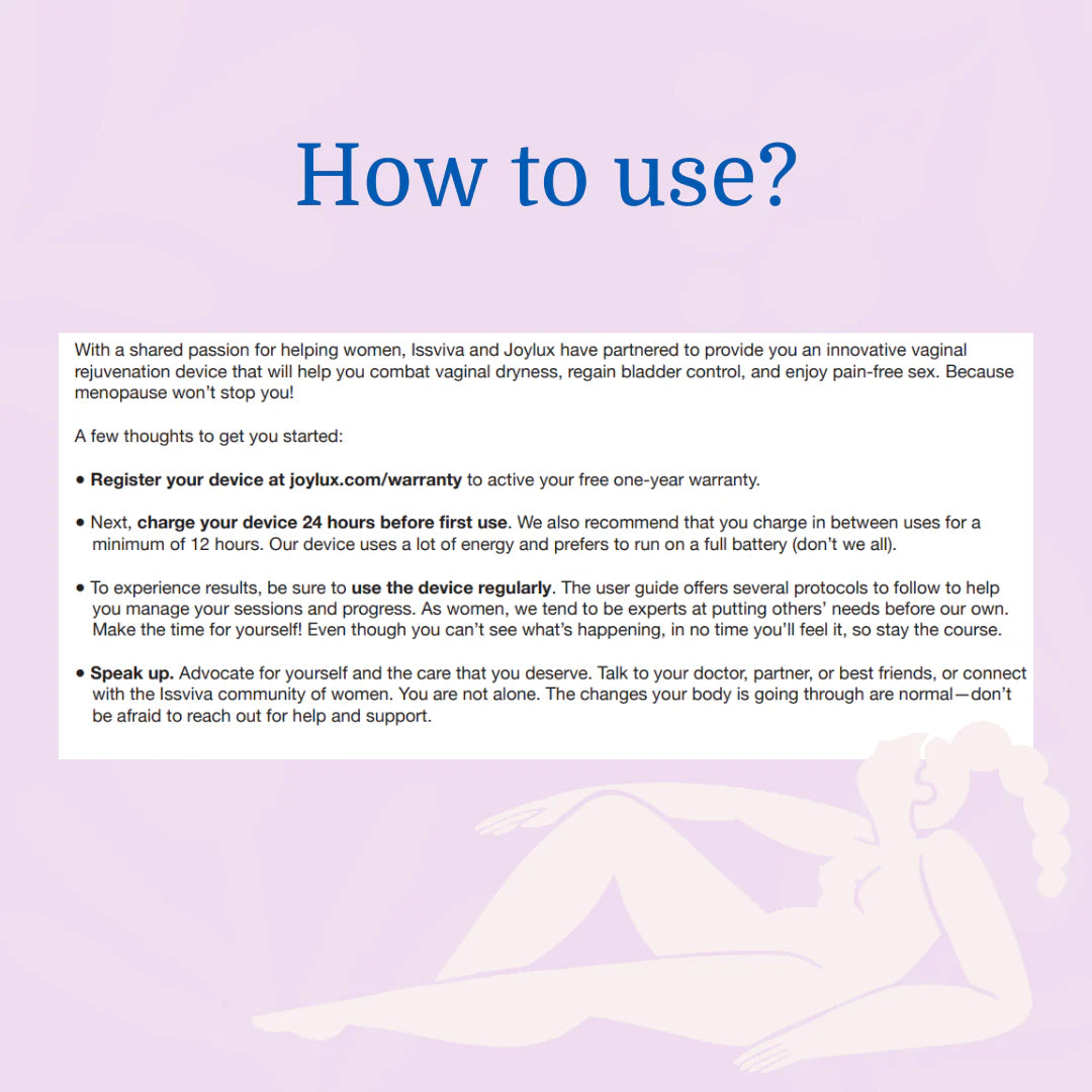 Step-by-step visual instructions for using the Issviva x Joylux Rejuvenation device on a clean, light yellow background.