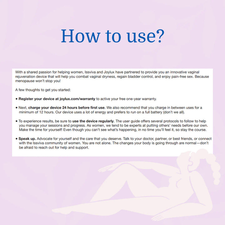 Step-by-step visual instructions for using the Issviva x Joylux Rejuvenation device on a clean, light yellow background.