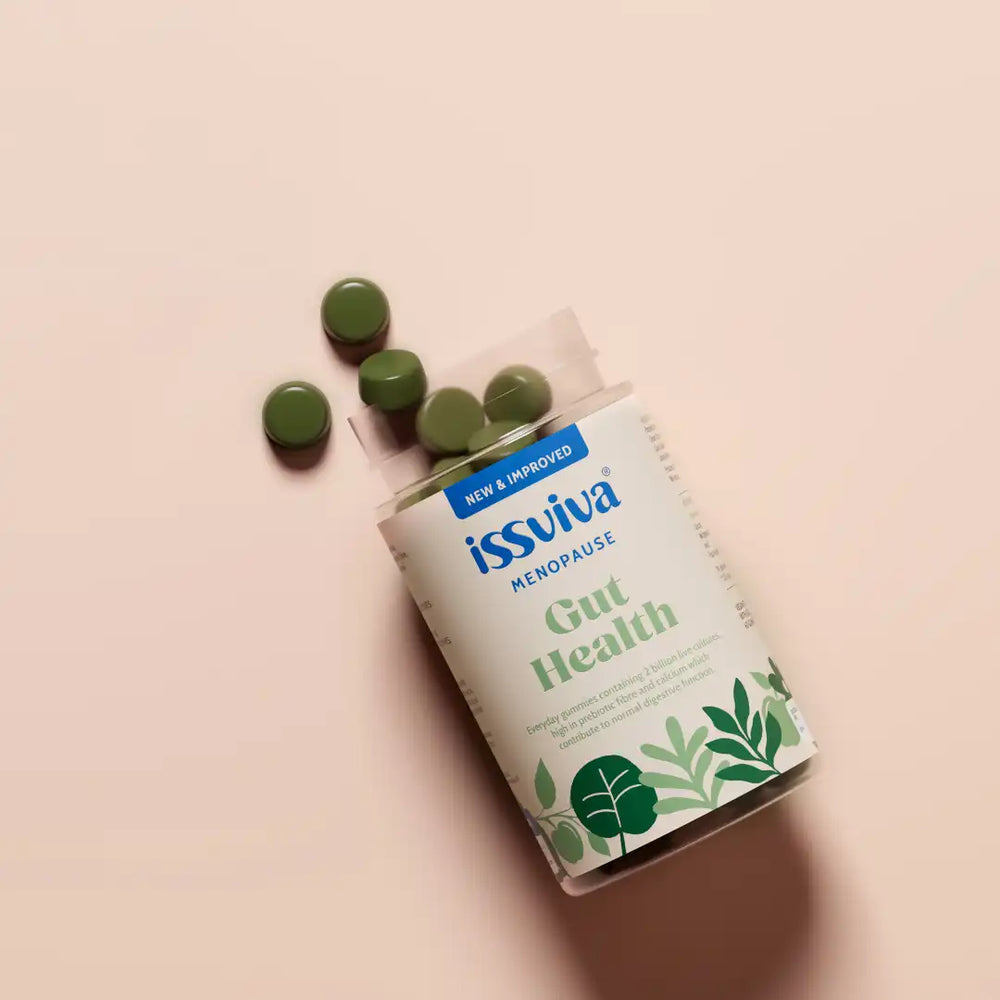 issviva Gut Health supplement container with green capsules on a pink background