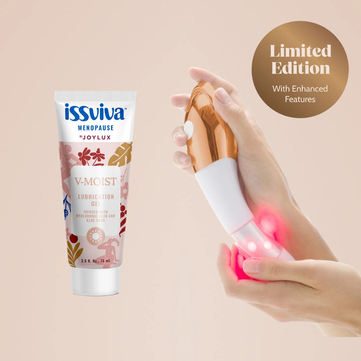 issviva product with packaging and a hand holding a device on a beige background