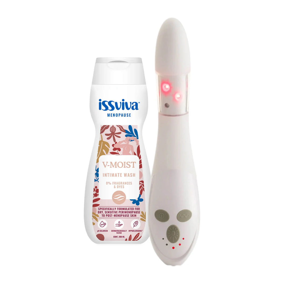 Issviva x Joylux Vaginal Rejuvenation Device paired with pH-balanced Intimate Wash, displayed together on a clean, soft background.