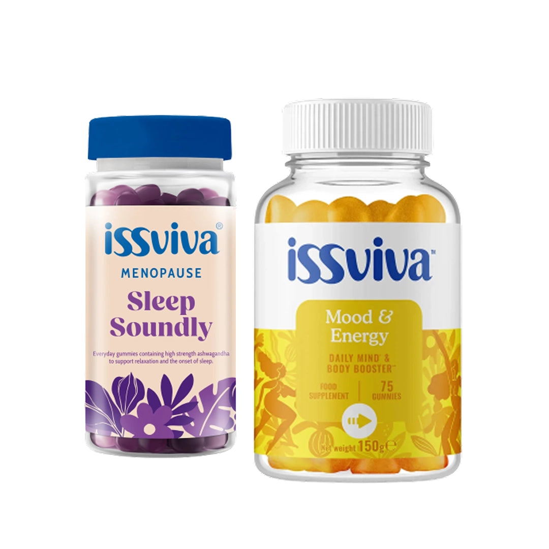 Two bottles of issviva supplements on a white background