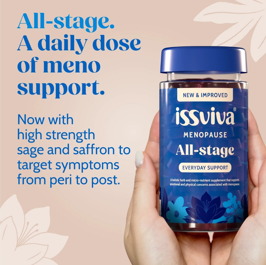Hand holding a blue supplement bottle labeled 'issviva Menopause All-stage' against a beige background.
