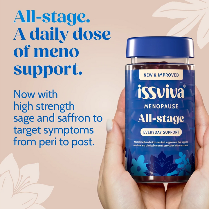 Hand holding a blue supplement bottle labeled 'issviva Menopause All-stage' against a beige background.