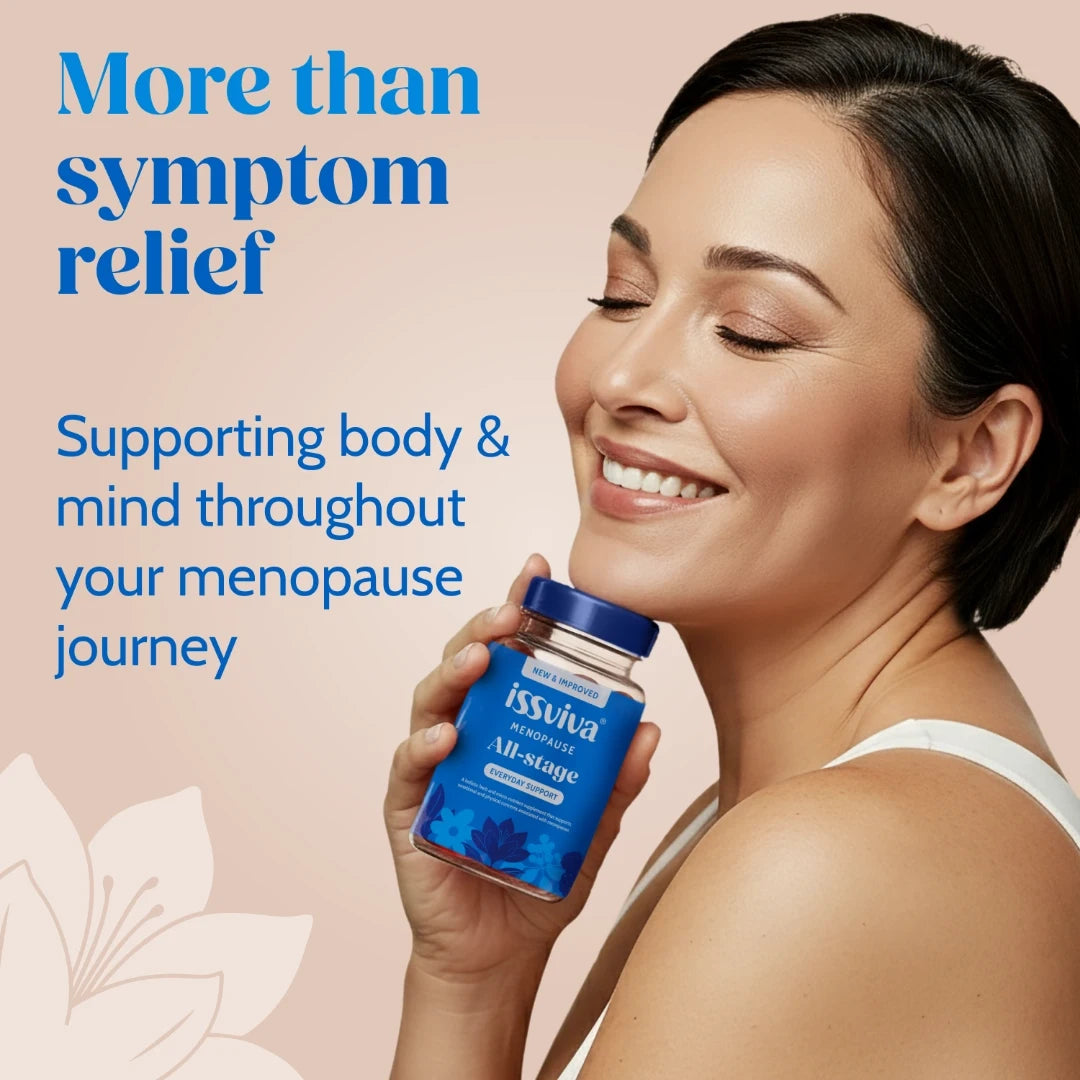 Woman holding a bottle of Menopause Relief supplement with text about symptom relief and menopause support on a beige background.