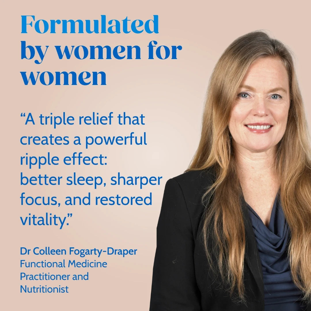 Woman with text about product formulation by women for women on a beige background