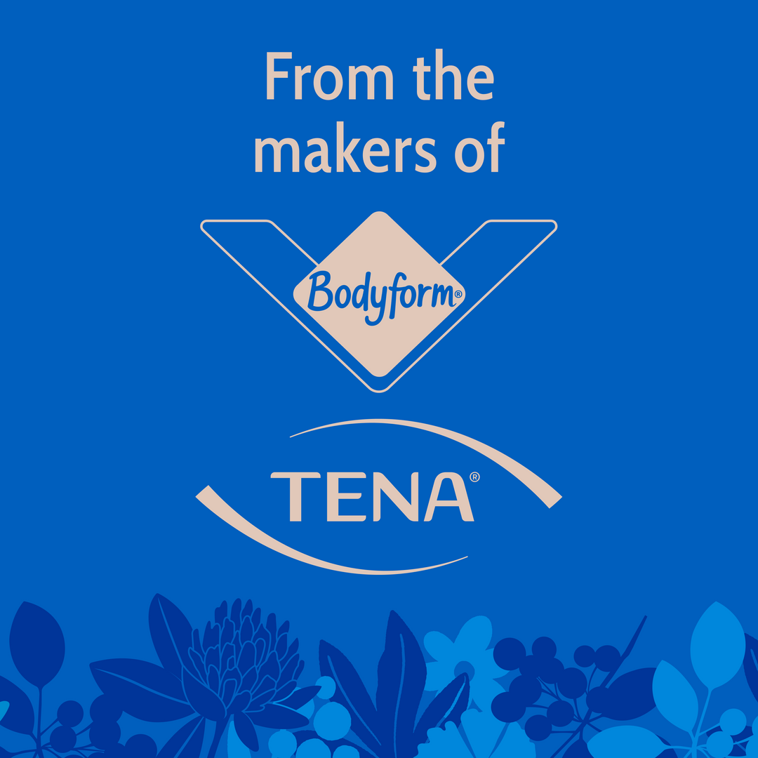 TENA logo on a blue background with floral elements