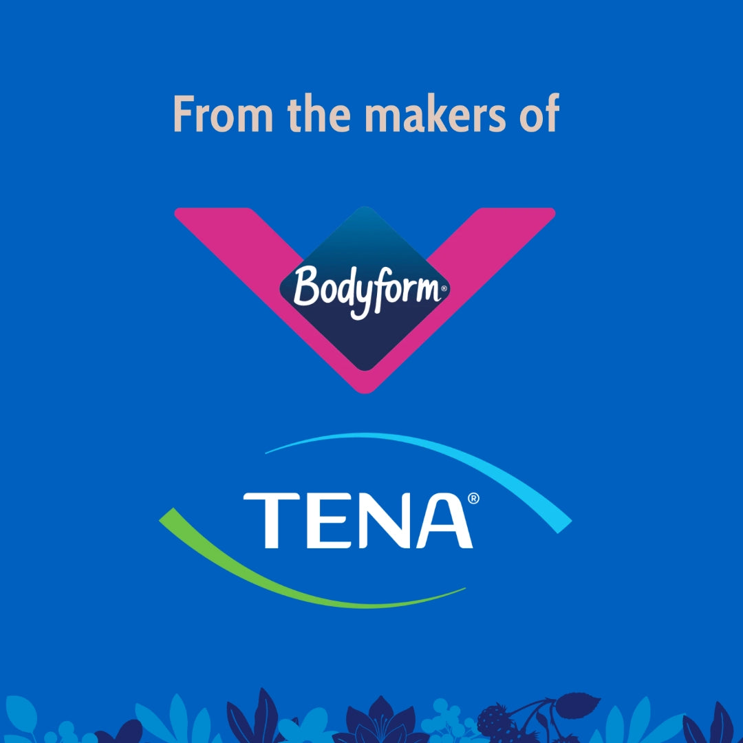 Logos of Bodyform and TENA on a blue background with floral elements at the bottom.