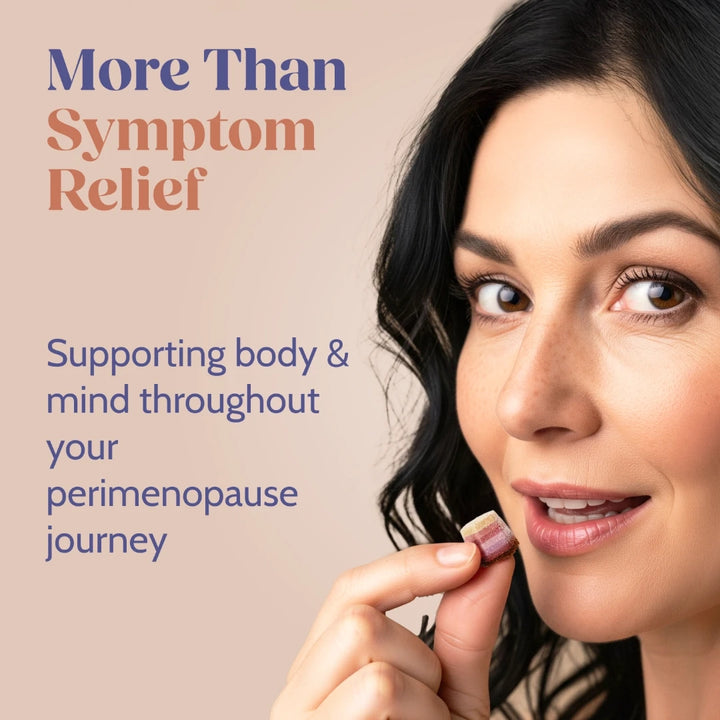Woman holding a supplement with text about perimenopause support on a beige background