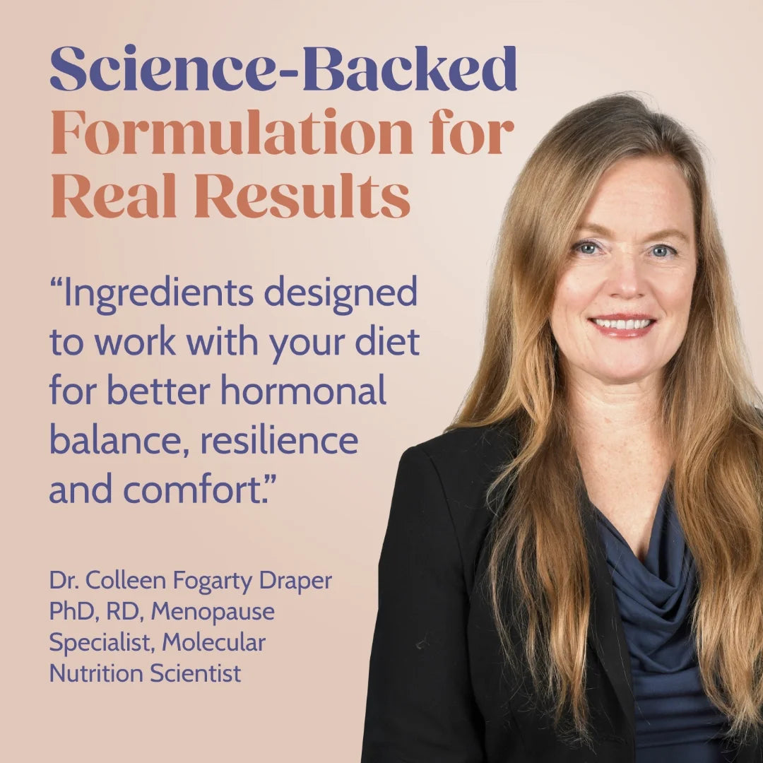 Woman with text about a science-backed formulation for hormonal balance on a beige background