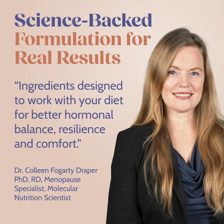 Woman with text about a science-backed formulation for hormonal balance on a beige background
