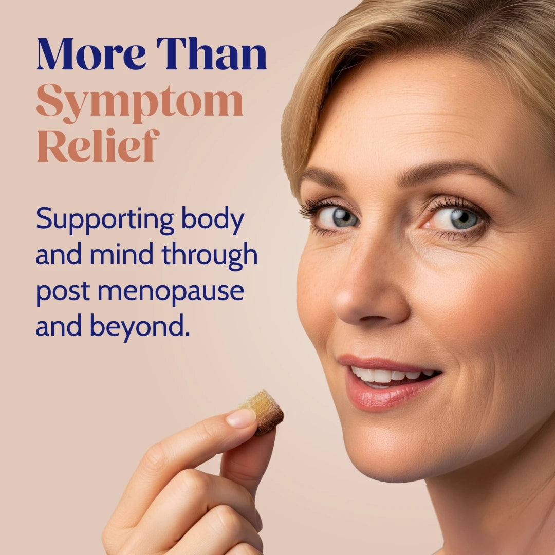 Woman holding a supplement capsule with text about symptom relief and support for body and mind post menopause.