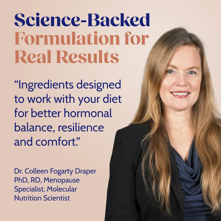 Woman with text about a science-backed formulation for real results on a beige background