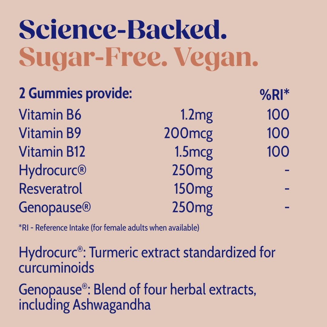 Nutritional label for gummies with vitamins and extracts on a beige background