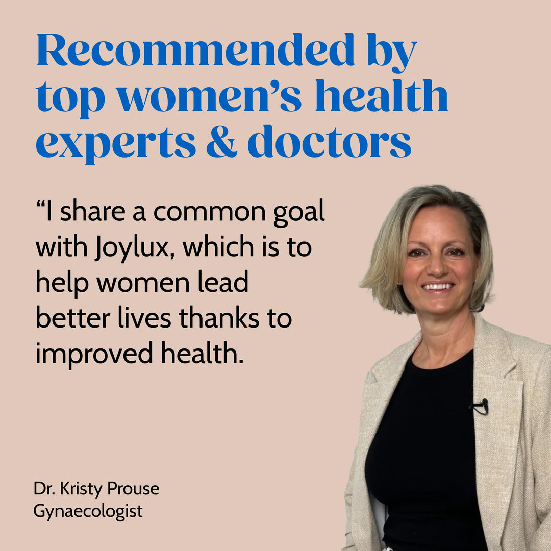Woman with text about top women's health experts and doctors recommending a product or service.