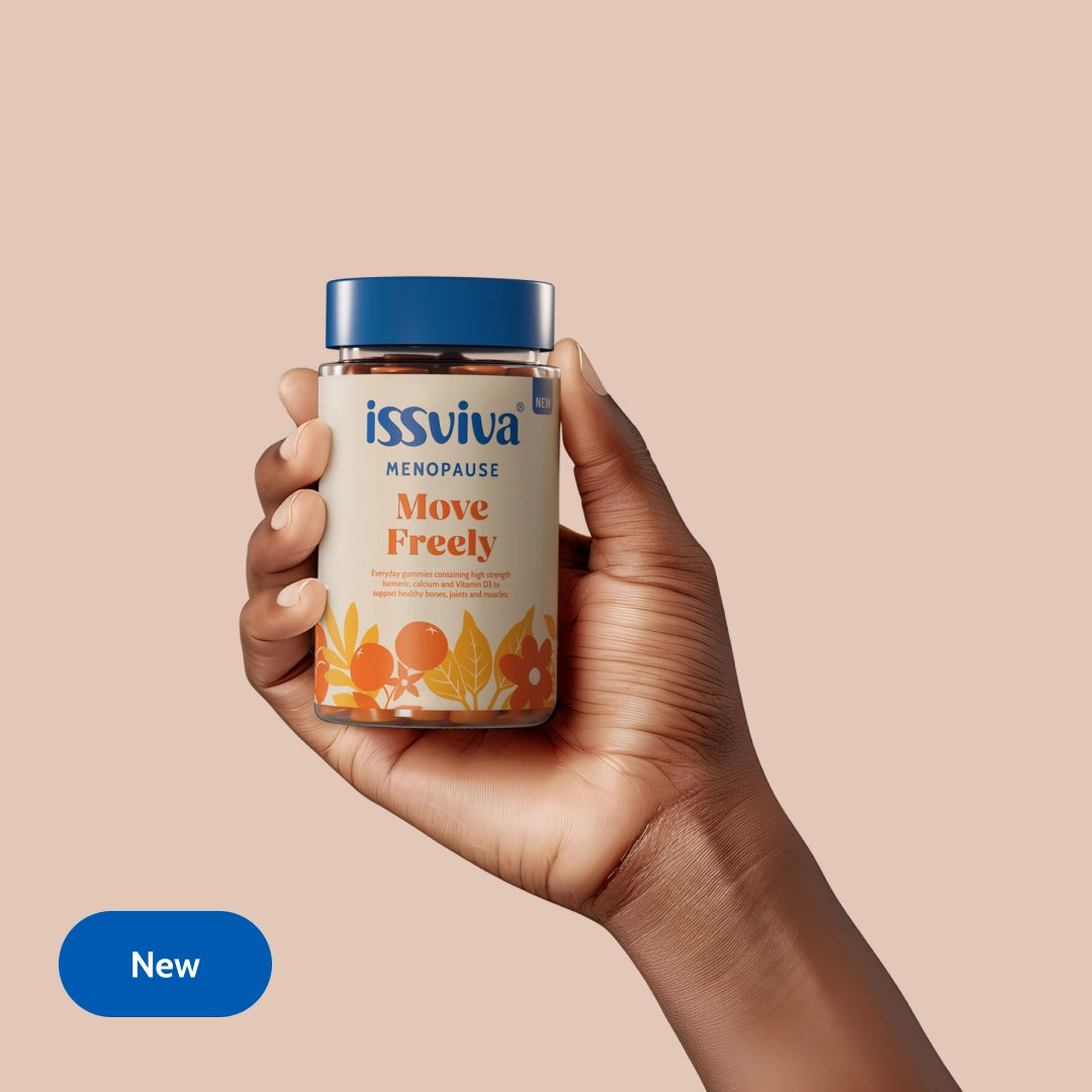 Hand holding a bottle of issviva Menopause Move Freely supplement against a beige background