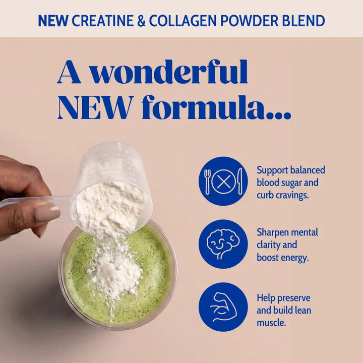 Hand pouring supplement into a green smoothie. Text: New creatine & collagen formula for mental clarity, energy, blood sugar, and lean muscle support.