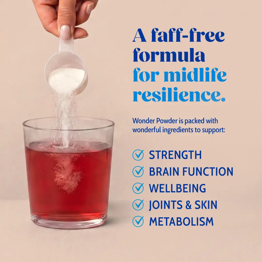 Hand pouring Wonder Powder into a red drink. Text: Resilience formula; supports strength, brain, wellbeing, joints, skin, and metabolism.