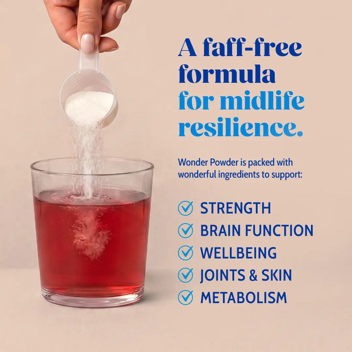 Hand pouring Wonder Powder into a red drink. Text: Resilience formula; supports strength, brain, wellbeing, joints, skin, and metabolism.