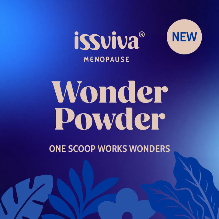 Issviva Menopause logo and Wonder Powder product on a blue background with leaves. Text: "One scoop works wonders" and a "NEW" tag.