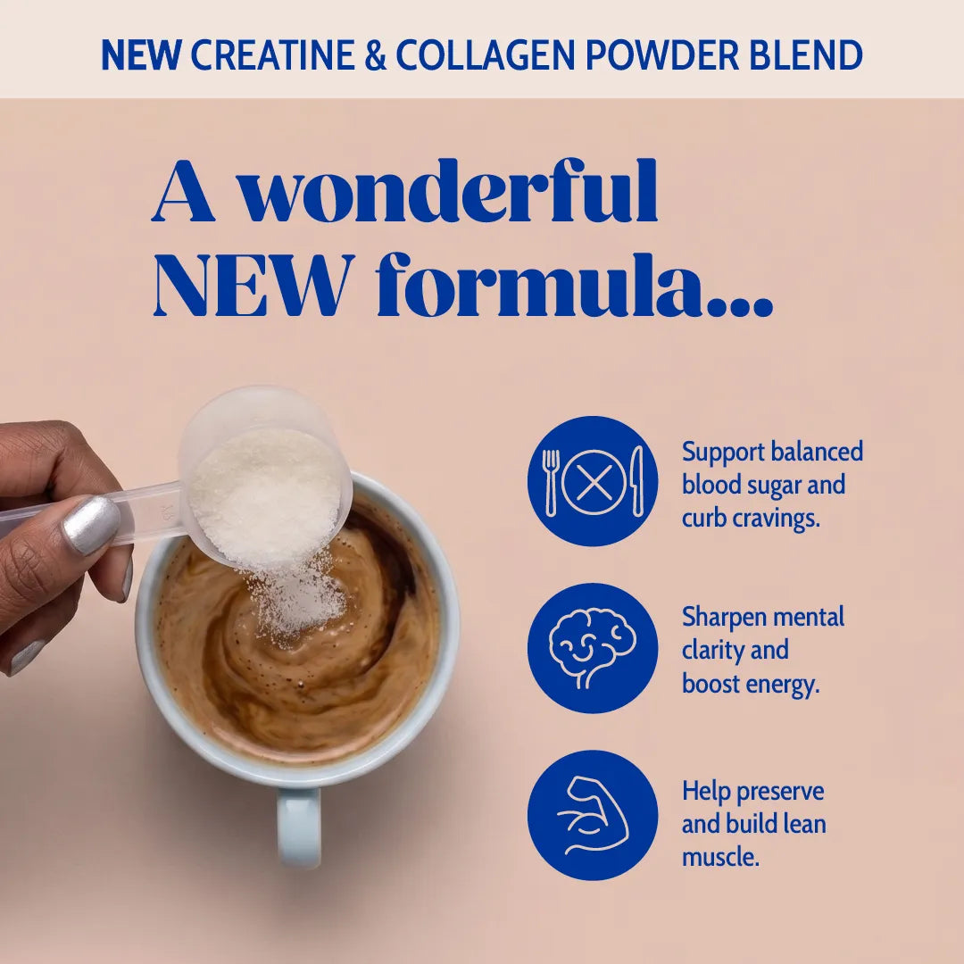 Image of creatine & collagen supplement for coffee. Text highlights benefits: blood sugar/cravings control, mental clarity/energy, and muscle preservation.