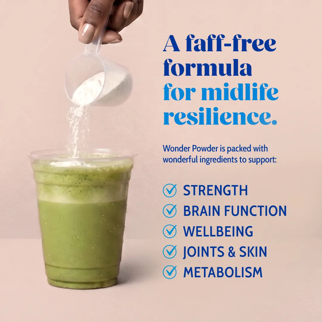 Hand pouring Wonder Powder into a green smoothie. Text: Formula for resilience, supports strength, brain, wellbeing, joints, skin, and metabolism.