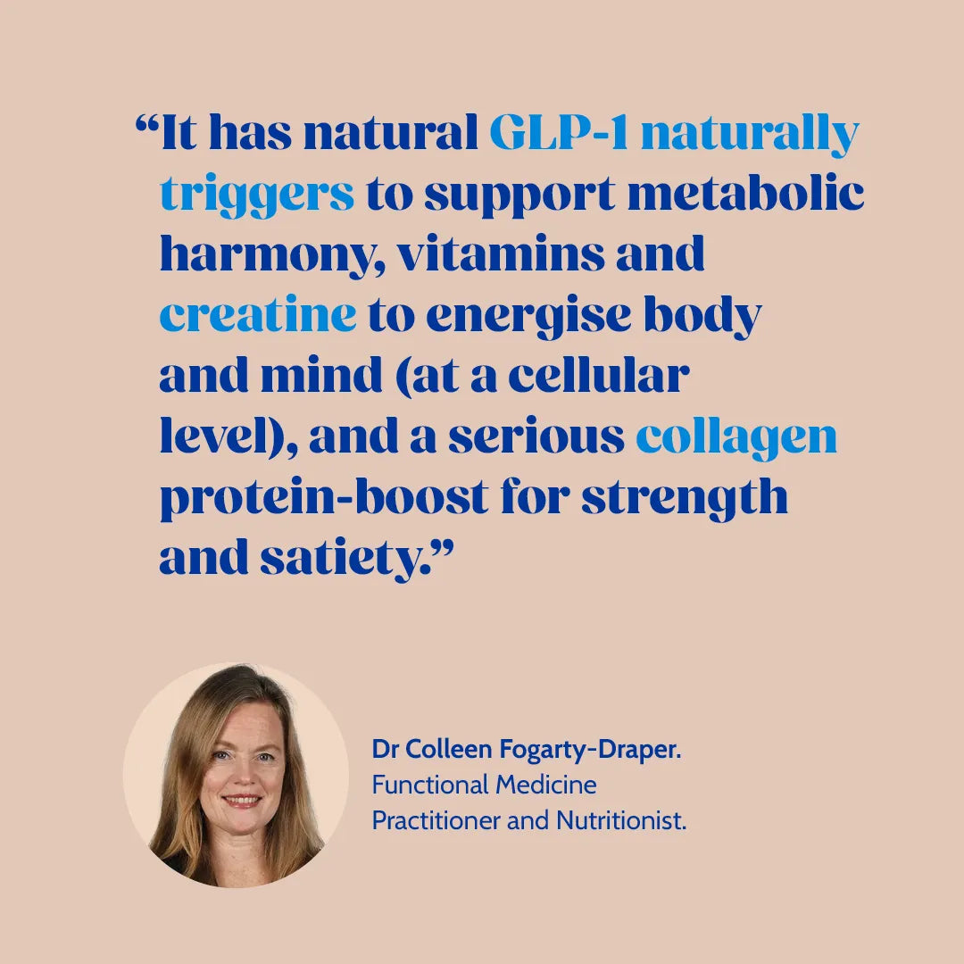 Quote by Dr. Colleen Fogarty-Draper on GLP-1, vitamins, creatine, and collagen benefits for metabolic harmony, energy, cellular health, strength, and satiety.