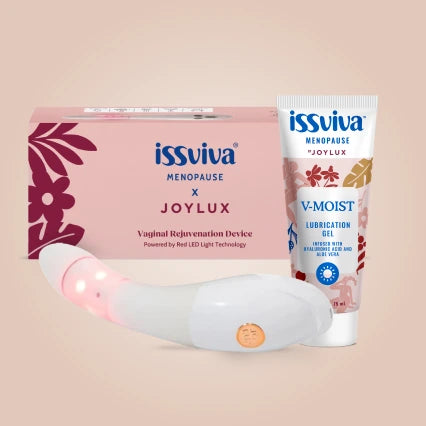 issviva menopause product set including a vaginal rejuvenation device and lubrication gel on a beige background
