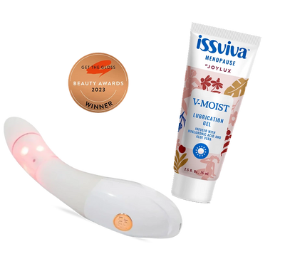 Vibrating device and tube of issviva V-Moist lubrication gel on a white background