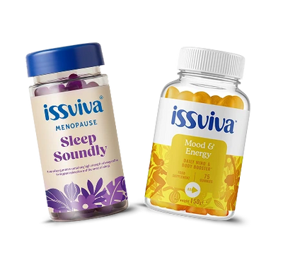 Two bottles of issviva supplements on a white background