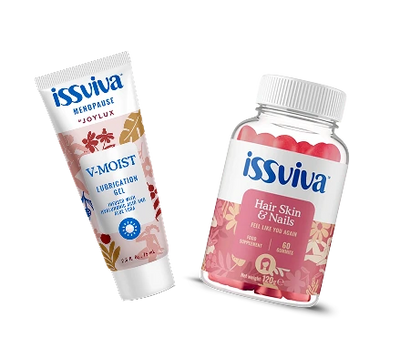 issviva V-Moist lubrication gel and Hair, Skin & Nails supplement on a white background
